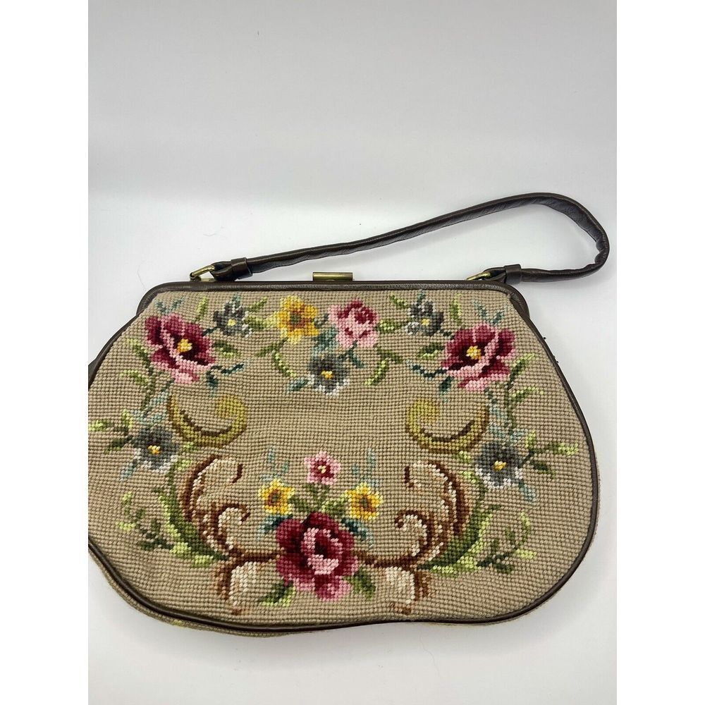 Vtg Petit Point Needlework Purse Handbag Floral Gold Clasp 50s60s - Picture 2 of 14